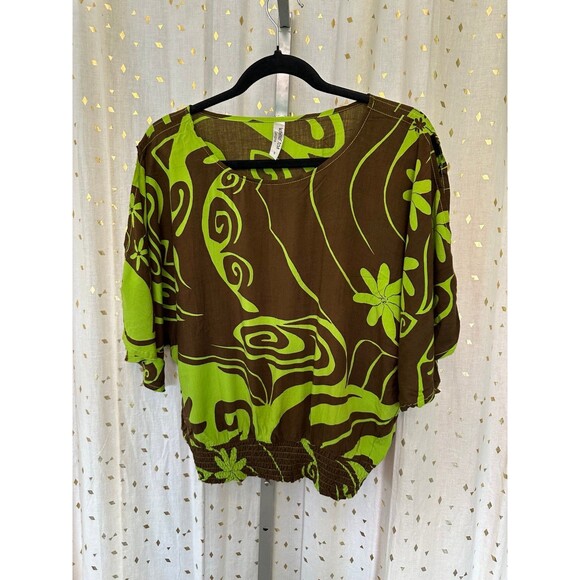 Wahine Toa Design Tops - Wahine Toa Designs Hawaiian Tahitian Split Bell Sleeves Smocked Hem Blouse S